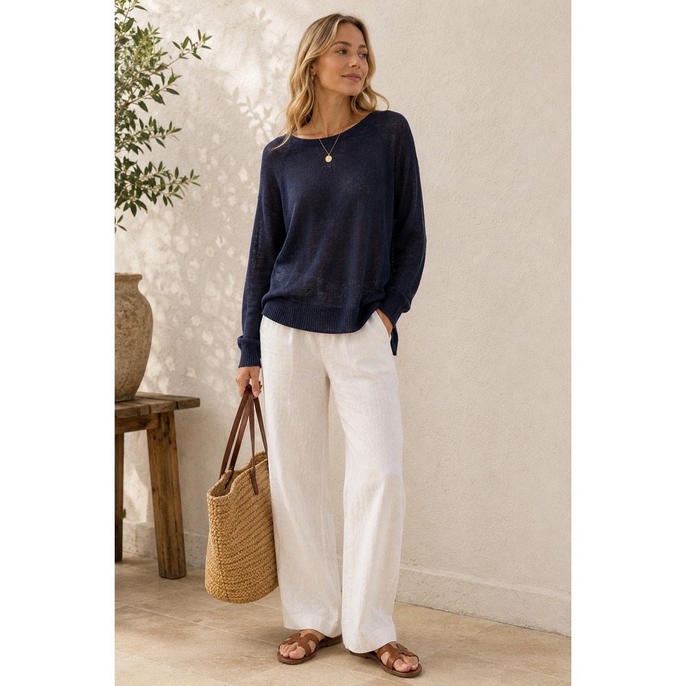 Vince Navy Linen Open Knit Sweater Quiet Luxury Coastal Chic L